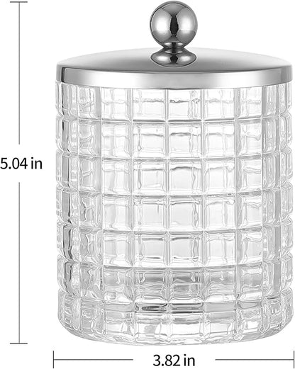 Indecor Home Glass Cotton Jar Holder Silver Lid, Elegant Bathroom Storage Canister for Qtips, Cotton Balls, Floss, Makeup Organizer, Vanity Bathroom Organization