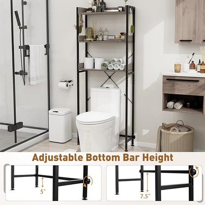 LOKO 3-Tier Over The Toilet Storage Rack, Bathroom Space Saver Shelf, Freestanding Above Toilet Organizer with 4 Hooks, Anti-Tipping Device, Metal Frame Toilet Rack for Balcony Laundry (Grey+Black)