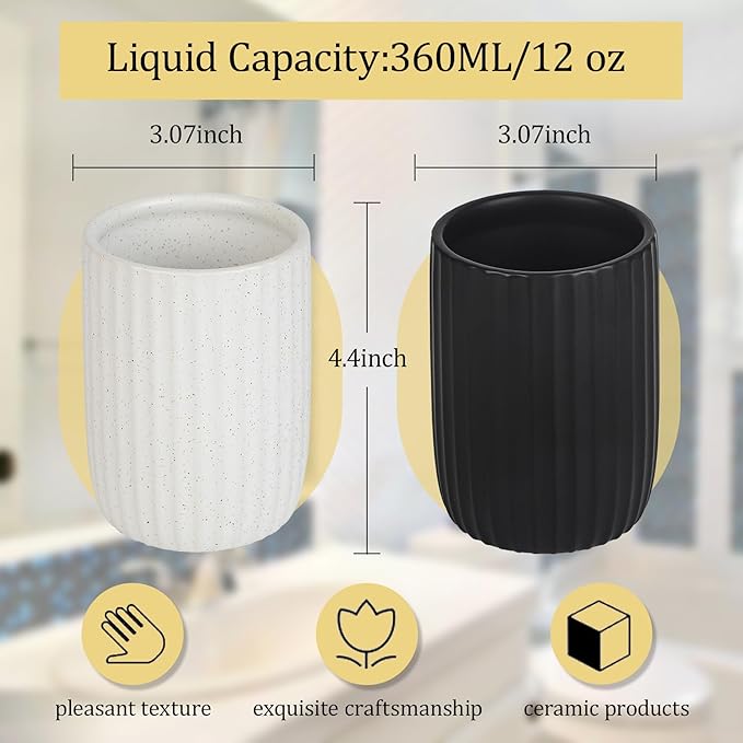 VivaBelle 8 oz Toothbrush Holders for Bathroom, Ceramic Tooth Brushing Dispenser, Small Tooth Brush Organizer for Countertop, Toothpaste Storage Stand, Tumbler Storage Cup for Makeup Brushes -Black