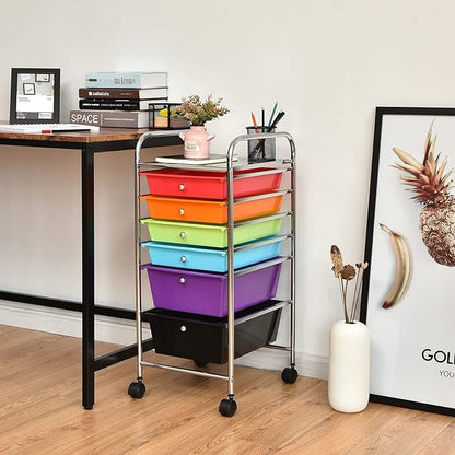 Happygrill 6-Drawer Organizer Cart Tools, Mobile Utility Storage Cart with Removable Drawers & Lockable Wheels, Rolling Storage Cart with Wheels for Home Office,Multicolor
