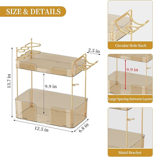 Weidace Bathroom Counter Organizer for Vanity, Makeup Organizer Countertop with Holder, Large Capacity Storage Rack, Perfect Large Skincare, Hair Care, Perfume, Easy to Install (Gold, 2Tiers)