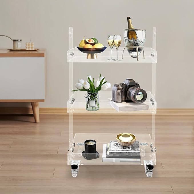 3-Tier Acrylic Utility Rolling Cart, Utility Rolling Cart Storage Cart with Wheels for Home Bar, Kitchen, Living Room, 16.4" L x 13.4'' W x 27.6'' H