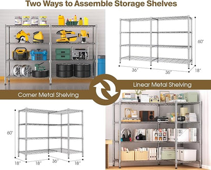 Himimi 4-Tier Adjustable Metal Shelving - 1600LBS Capacity, Heavy Duty Wire Organizer for Pantry, Kitchen, Garage, Laundry, 72" W x 18" D x 60" H, Silver