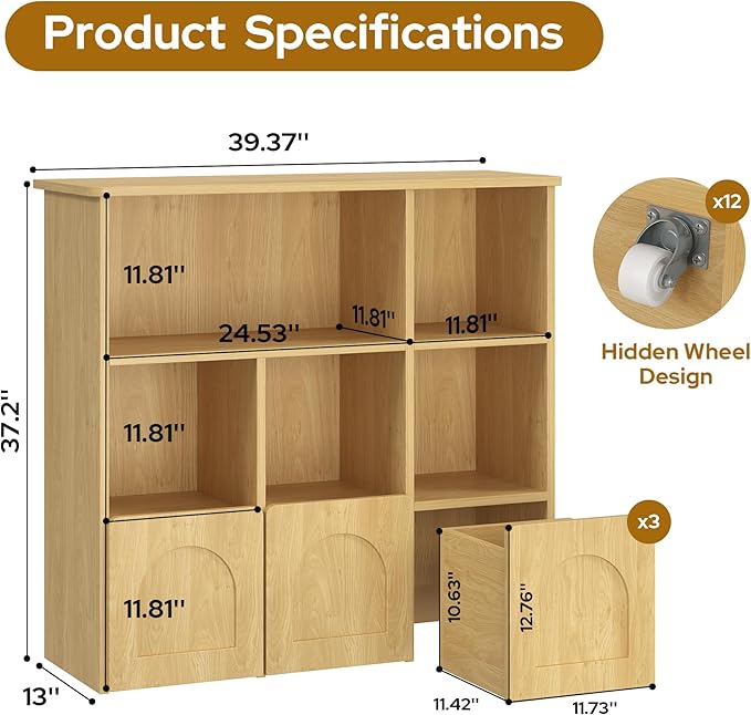 Toy Storage Organizer,Kids Bookshelf with Hidden Roller Drawer and 5 Open Cubbies,for Kid Room,Living Room,Game Room and Den