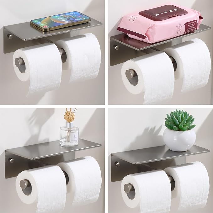 Toilet Paper Holder - Double Rolls Toilet Tissue Holder with Phone Shelf for Bathroom - TP Roll Holder with Wipes Storage, Wall Mounted by Adhesive Tape No Drilling or Screw - Brushed Nickel