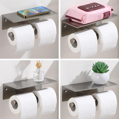 Toilet Paper Holder - Double Rolls Toilet Tissue Holder with Phone Shelf for Bathroom - TP Roll Holder with Wipes Storage, Wall Mounted by Adhesive Tape No Drilling or Screw - Brushed Nickel