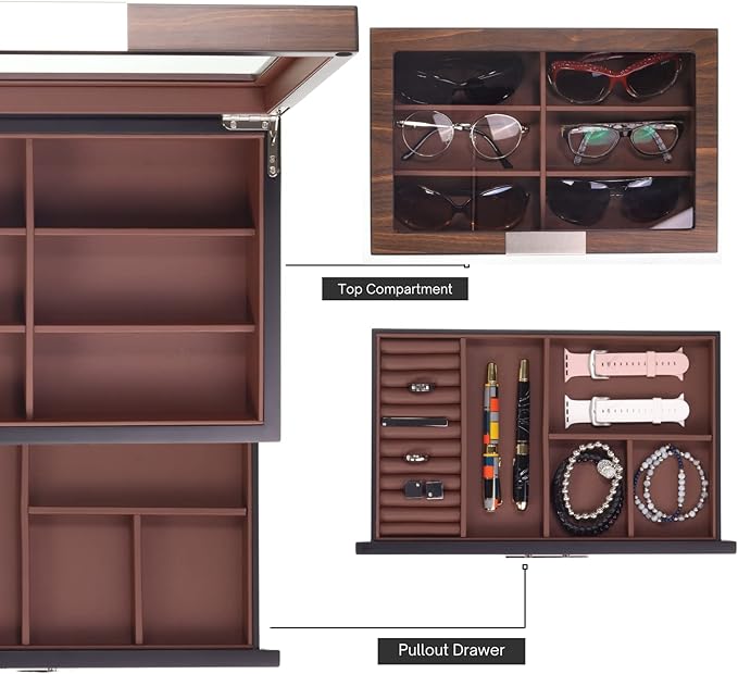 Decorebay Multi-Purpose Drawer, Sunglasses and Jewelry Box Wooden Storage Organizer with Saddle Brown Leather (Coffee Lover)