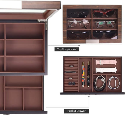 Decorebay Multi-Purpose Drawer, Sunglasses and Jewelry Box Wooden Storage Organizer with Saddle Brown Leather (Coffee Lover)
