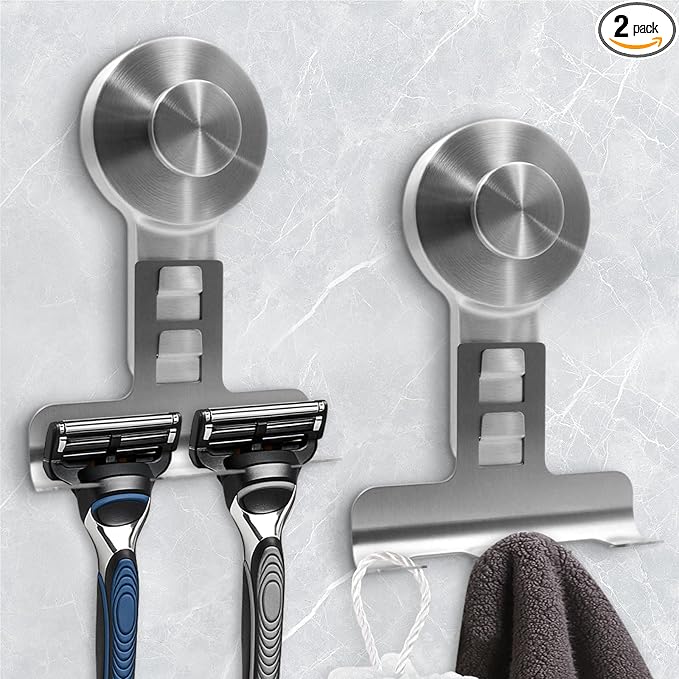 WingWider Suction Cup Razor Holder for Shower Wall 2 Pack,Heavy-Duty 15lbs Suction Hooks for Razor,Towel,Phone,Loofah, Removable Damage-Free Metal Shower Hook,Shaver Holder(Silver)