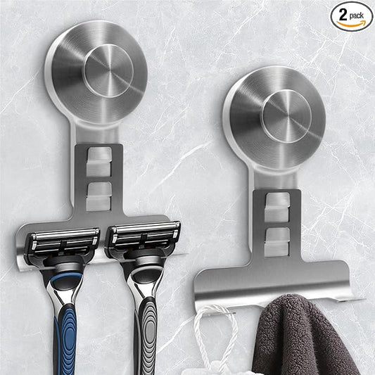 WingWider Suction Cup Razor Holder for Shower Wall 2 Pack,Heavy-Duty 15lbs Suction Hooks for Razor,Towel,Phone,Loofah, Removable Damage-Free Metal Shower Hook,Shaver Holder(Silver)