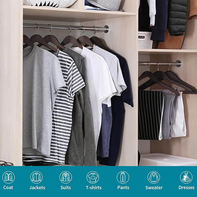 ABHENG 20 Pack Wooden Coat Hangers, 360° Swivel Hook, Suit Hangers with Anti-Slip Notches, for Jackets, Shirts, Dress, Dark Walnut, UAWY0520H