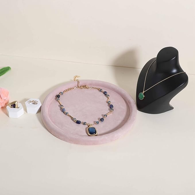 GemeShou Round Jewelry Organizer Plate, Top Microfiber Velvet Jewelry Display Tray, Empty Jewelry Showcase Tray for Necklaces, Bracelets, Rings, Earrings (Pink-Large, 9.8 x 9.8 in)