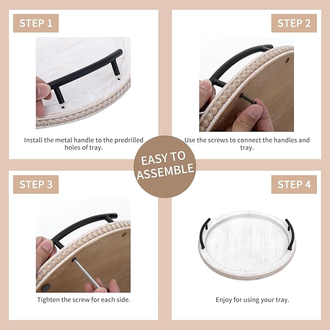 SwallowLiving 18Inch White Wooden Beaded Serving Tray with Handle Decorative Rustic Whitewashed Tray for Coffee Table Farmhouse Round Tray for Kitchen, Living Room and Bedroom