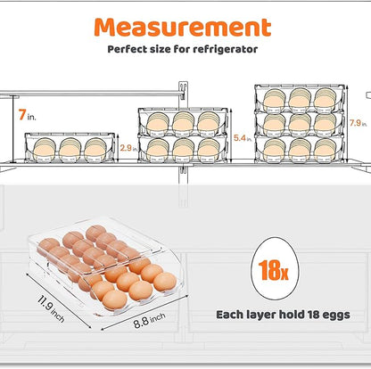 Egg Holder for Fridge, Automatic Steady Rolling Egg Dispenser with Silicone Bumpers & Handle for Refrigerator, Large Capacity Egg Organizer with Lid