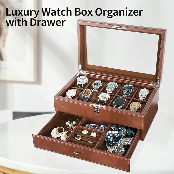 HELMDY Leather Watch Box with Drawer-10 Slots Locking Jewelry Watches Holder for Men-Luxury Watch Case Display Organizer-2 Tier Organizer Watch Showcase-Storage Case