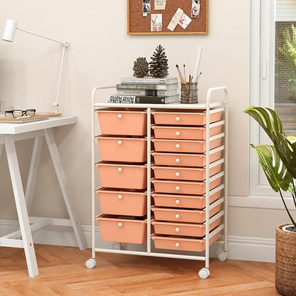 ARLIME 15-Drawer Storage Cart, 15 Drawer Trolley, Rolling Organizer Cart, Scrapbook Paper Organizer, Suitable for Office and School, Rolling Office Storage Tools (Peach)