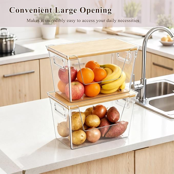 2 Pack Trash Bag Dispenser with Bamboo Lid, Stackable Trash Bag Holder, Large Clear Garbage Bag Organizer for 4-33 Gal Bags, Space-Saving Under Sink Organizer for Kitchen, Laundry, Pantry