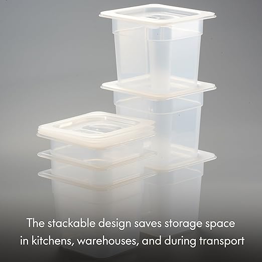 CURTA 6-Pack 1/6 Size 6" Deep Food Pan with Handled Lid – NSF Listed Commercial-Grade Translucent Polypropylene, Stackable Freezer-safe Storage for Restaurants, Catering & Buffets