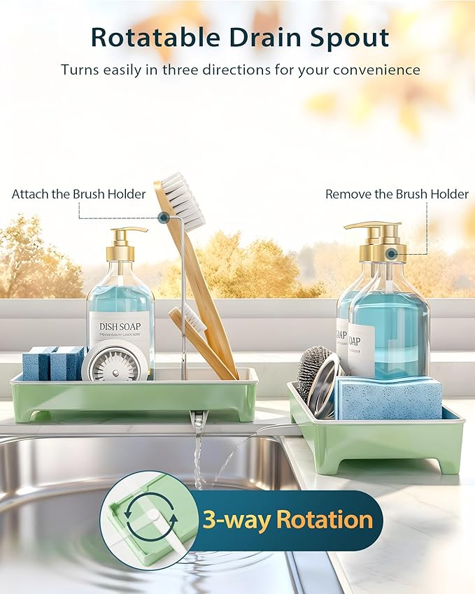 Caumic Minimalist Sink Caddy, Rustproof Sponge Holder for Kitchen Sink with 304 Stainless-Steel Brush Holder, Countertop Rack Organizer with Raised Ridges & Silicone Drain Tube (Mint Green)