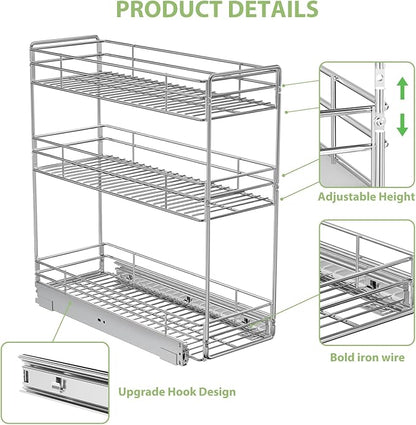 Pull Out Spice Rack Cabinet Organizer 8½" W x 20½" D, 3 Tier Heavy Duty Sliding Spice Cabinet Organization for Narrow Cabinet, Pull Out Shelves for Kitchen