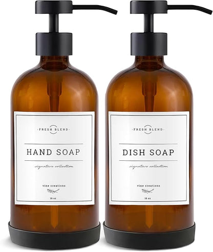 Vine Creations Amber Glass Soap Dispenser Set - Kitchen Soap Dispenser Set with Stainless Steel Pump - 16 oz Dish Soap and Hand Soap Dispensers for Bathroom with Silicone Pad & Waterproof Labels