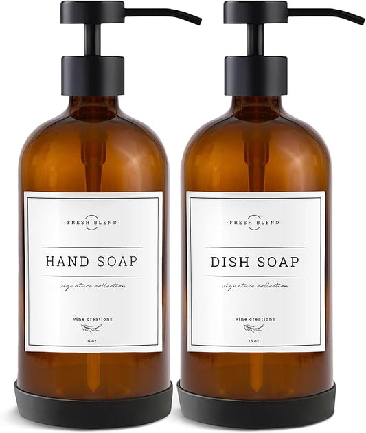 Vine Creations Amber Glass Soap Dispenser Set - Kitchen Soap Dispenser Set with Stainless Steel Pump - 16 oz Dish Soap and Hand Soap Dispensers for Bathroom with Silicone Pad & Waterproof Labels