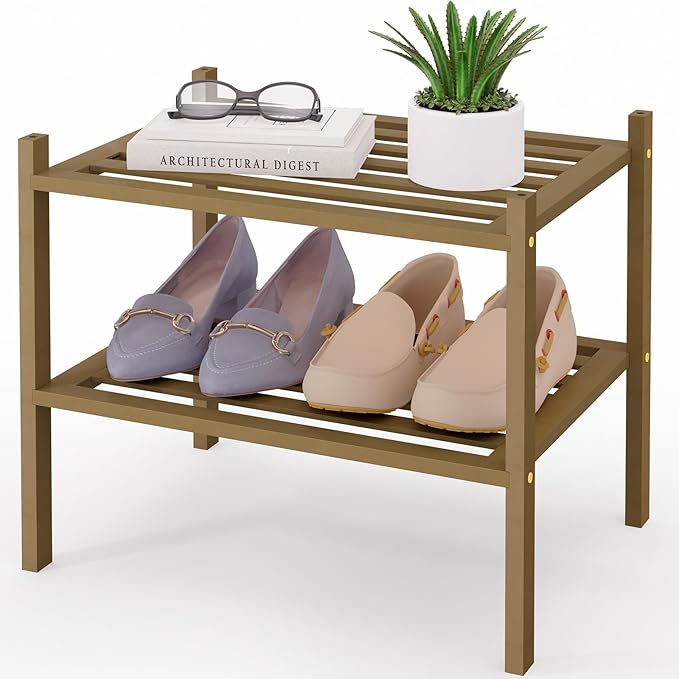 Smiry Small Bamboo Shoe Rack 2-Tier, Stackable Wooden Shoe Organizer for Entryway & Closet, Free Standing Wood Shoe Storage Shelf for Front Door & Small Spaces, Walnut