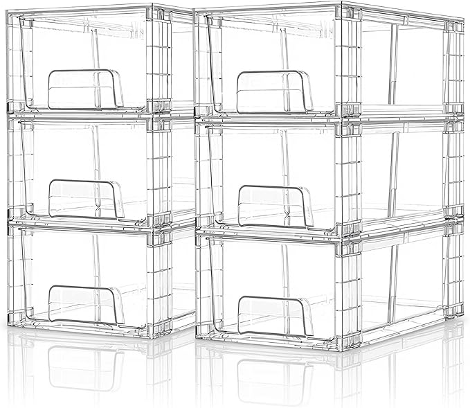 Small Stackable Clear Acrylic Storage Drawers(6 Pack) with Handles,Plastic Organizer Bins for Fridge Bathroom Kitchen Cabinet Pantry Coffee bar Undersink Office Closet Storage Bins