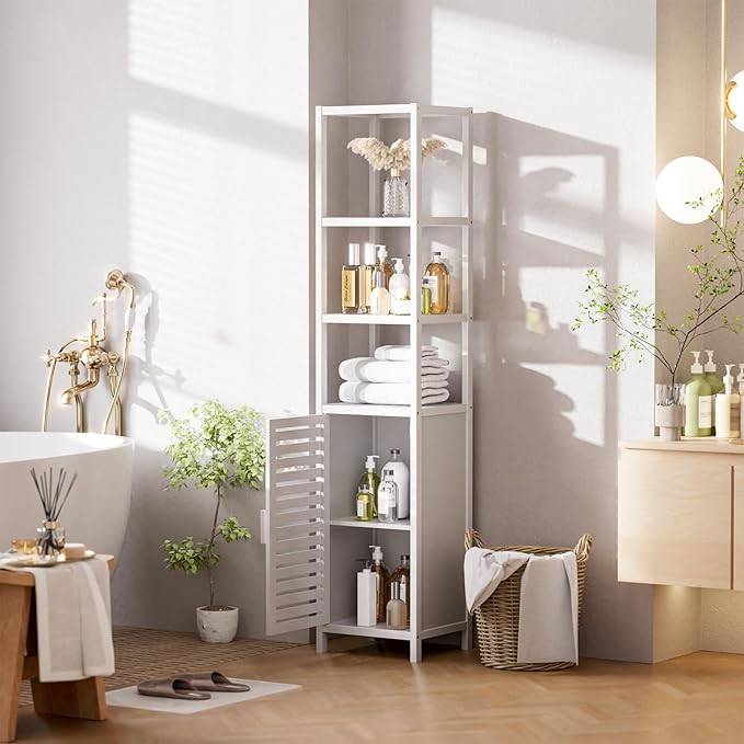 HITNET Bathroom Tall Cabinet, Floor Standing Bamboo Storage Cabinet with 6 Shelves and Shutter Door for Kitchen Living Room, White
