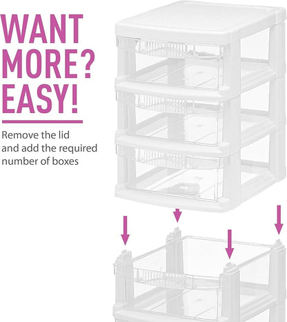 Tribello 3 Drawer Plastic Storage, Mini Drawer Unit, White Frame With Clear Drawers for Craft Storage - 8.5"L X 7"W X10"H Inches - (1 Pack)