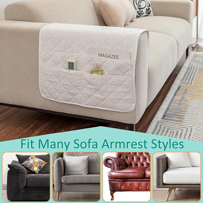 DECKALY Armchair Caddy Remote Control Holder Sofa Organizer, Non-Slip Couch Arm Chair Caddy with 6 Pockets for Tablets,Smart Phone,Books,Pens,Magazines,Ipad (Off-White)