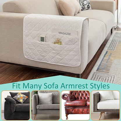 DECKALY Armchair Caddy Remote Control Holder Sofa Organizer, Non-Slip Couch Arm Chair Caddy with 6 Pockets for Tablets,Smart Phone,Books,Pens,Magazines,Ipad (Off-White)