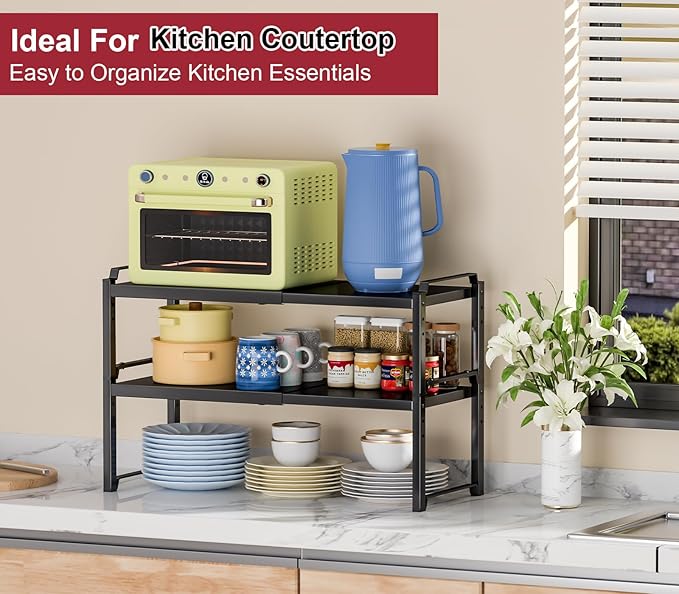 100 LBS Heavy Duty Kitchen Storage Shelf, 12 Inch Widened Cabinet Shelf Organizer For Dishes Spice Cups Small Appliances, Stackable Expandable Storage Shelves For Kitchen Cabinet Cupboard Pantry