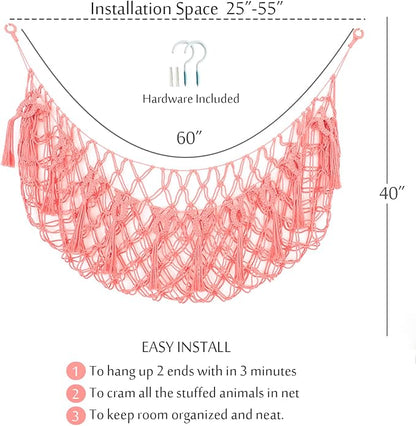 Large Stuffed Animal Net or Hammock for Flat Wall Mounted Handmade Macrame Toy Hammock Plush Display (Pink)