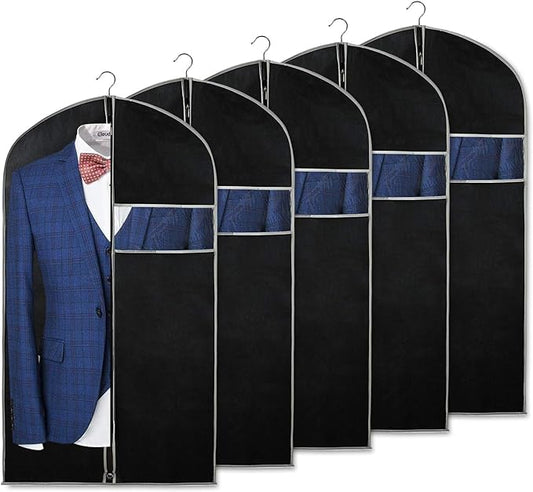 Syeeiex 40" Suit Bag, Set of 5 Garment Bags for Hanging Clothes, Suit Bags for Closet Storage, Garment Bags for Storage Suits,T-shirts, Jackets and Coats(Black & Grey)