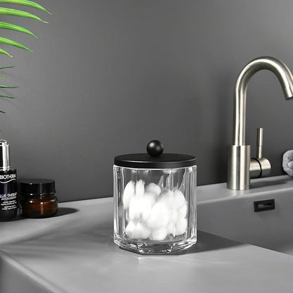 Indecor Home Clear Transparent Apothecary Octagional Shaped Glass Canister Jar With Matte Black Metal Lid Cover for Bathroom Organization, Cotton Balls, Q Tips, and Small Accessories, Bath Storage