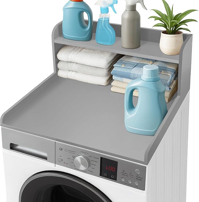 Royxen Washer Dryer Countertop with Shelf,2-Tier Laundry Countertop for Single Washer and Dryer,Soild Wood Core Washer Dryer Topper for Laundry Room Organization (Grey)
