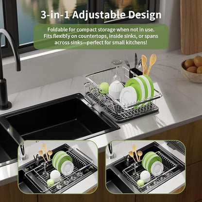 Dish Drying Rack in Sink With Non-Slip Silicone Mat Set, Expandable Carbon Steel Dish Drainers for Kitchen Counter, Bowl Dryer Rack Mat for Inside Sink, Over The Sink D ish Racks(COLOR:Grey+Silver)