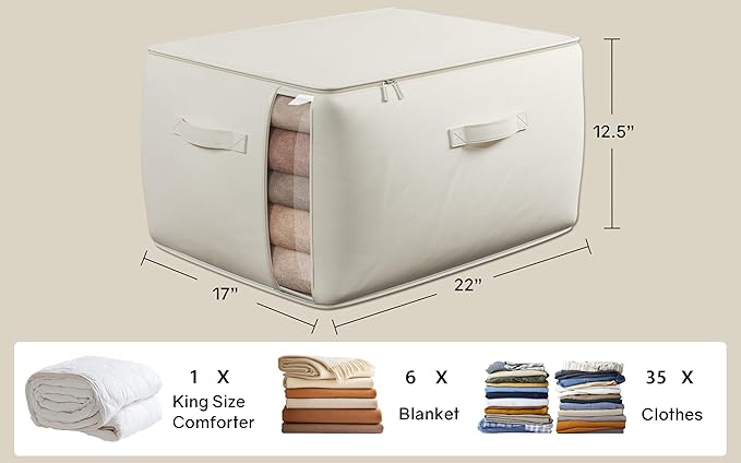TomVista Large Canvas Clothes Storage Bags with Thick Handles and Clear Window, Foldable Cotton Linen Closet Organizer for Clothing, Blankets and Bedding, 70L, 2 Pack, Beige