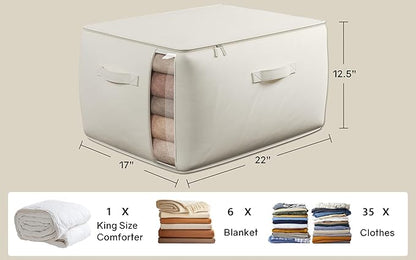 TomVista Large Canvas Clothes Storage Bags with Thick Handles and Clear Window, Foldable Cotton Linen Closet Organizer for Clothing, Blankets and Bedding, 70L, 3 Pack, Beige