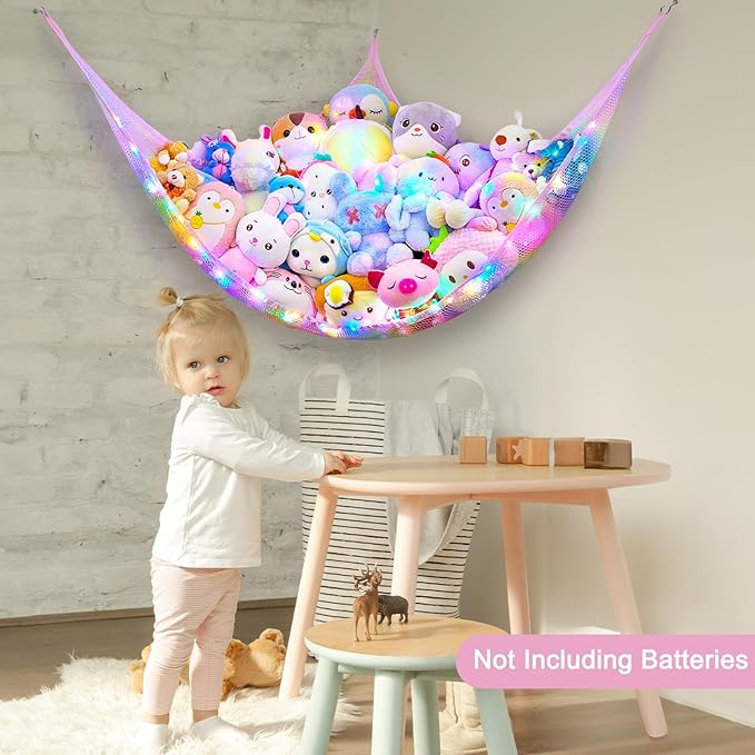 Unicorn Castle Stuffed Animals Net or Hammock Kids Toy Storage Organizer with LED Light Hanging Corner Stuffed Animals Holder Kids Girls Room Decor,Rainbow-A,Large (Pack of 1)