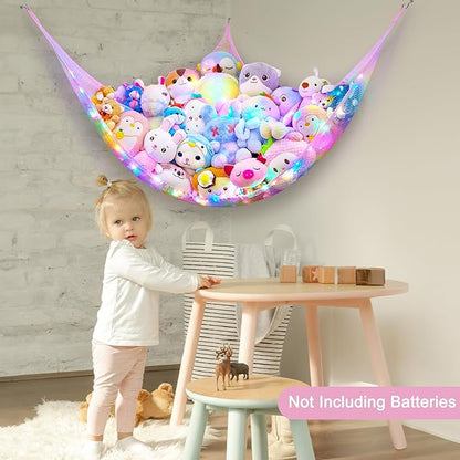 Unicorn Castle Stuffed Animals Net or Hammock Kids Toy Storage Organizer with LED Light Hanging Corner Stuffed Animals Holder Kids Girls Room Decor,Rainbow-A,Large (Pack of 1)