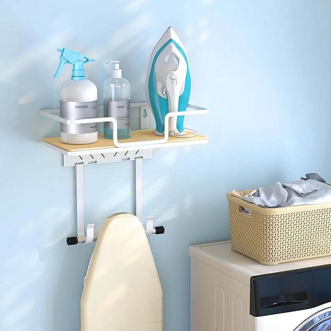 efluky Ironing Board Hanger Wall Mount with Removable Hooks, Ironing Board Holder Organizer Compatible with T/Leg & Y/Leg Ironing Boards, Space Saving Laundry Room Storage, 12.59"x5.9"x2.36", White