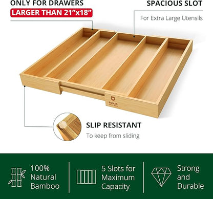 ROYAL CRAFT WOOD Luxury Bamboo Kitchen Drawer Organizer - Silverware Organizer - Utensil Holder and Cutlery Tray with Grooved Drawer Dividers for Flatware and Kitchen Utensils (5 Slot, Natural)