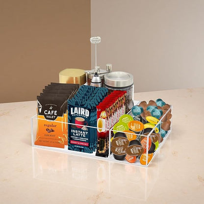 Coffee Station Organizer for Countertop, Removable Dividers Coffee Bar Accessories for Storage Sugar Packets Tea Bags, Clear