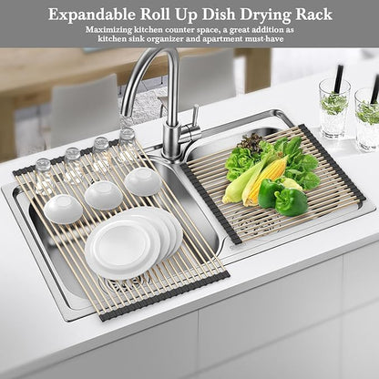 VONIKI Gold Over Sink Dish Drying Rack, 17.7"x 11"Roll Up Dish Drying Rack, Silicone Wrapped Kitchen Rolling Dish Drainer, Anti-Slip Foldable Sink Rack Mat, Multipurpose Dish Racks For Kitchen Counter