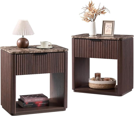 Fluted Nightstand Set of 2, Bedside Table with Faux Marble-Top, Engineered Wood Side Table with Drawer Open Shelf, Curved Corners, Modern Night Stand for Bedroom, Small Spaces, Dark Oak