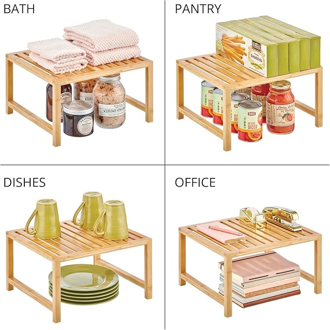 mDesign Wooden Stackable Storage Shelf - Food and Kitchen Organizer for Cabinet, Pantry Shelves, Countertop, Cabinet - Echo Collection - Natural Bamboo