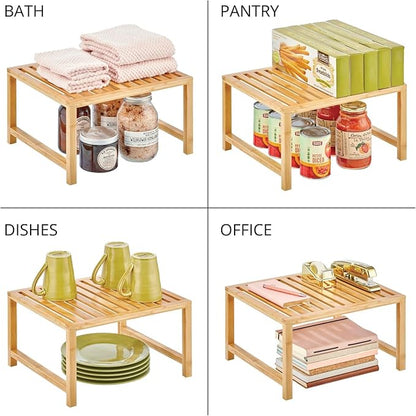 mDesign Wooden Stackable Storage Shelf - Food and Kitchen Organizer for Cabinet, Pantry Shelves, Countertop, Cabinet - Echo Collection - Natural Bamboo