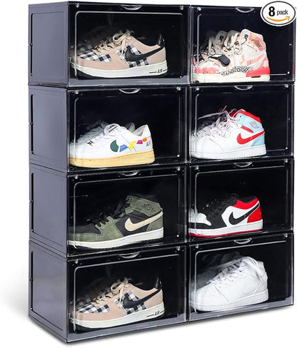 OMOPIN XL clear shoe storage boxes stackable, 8 Pack Large Shoe Boxes Clear Plastic Stackable, Drop side Sneaker Container Fit Size 13 (Black 8 Pack)